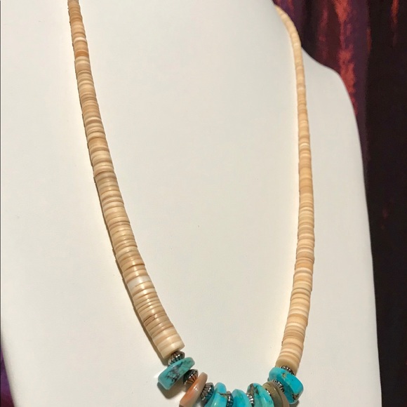 Shell, turquoise and sterling silver bead necklace - Picture 3 of 3